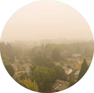 A town filled with smoke during an evacuation