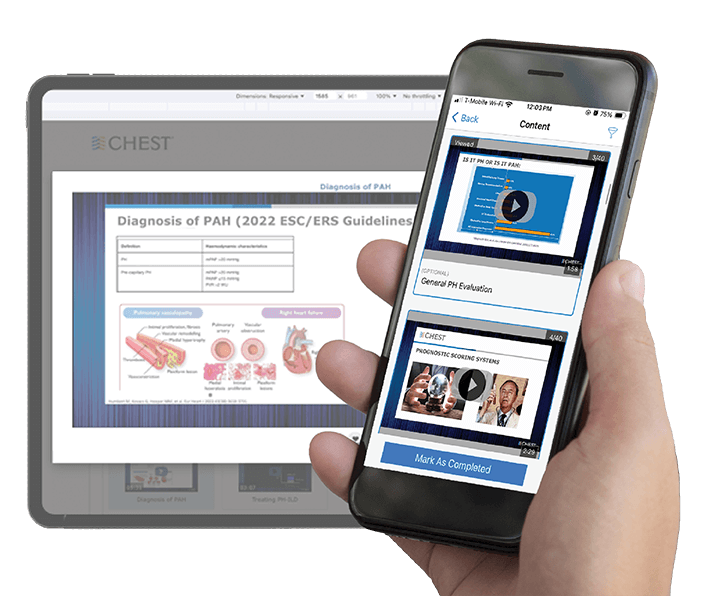 CHEST Curriculum Pathway for Pulmonary Hypertension displayed on a table and phone screen