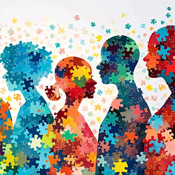 A colorful puzzle-like collage of silhouetted human figures, symbolizing diversity, inclusion, and the complexity of human experiences or conditions